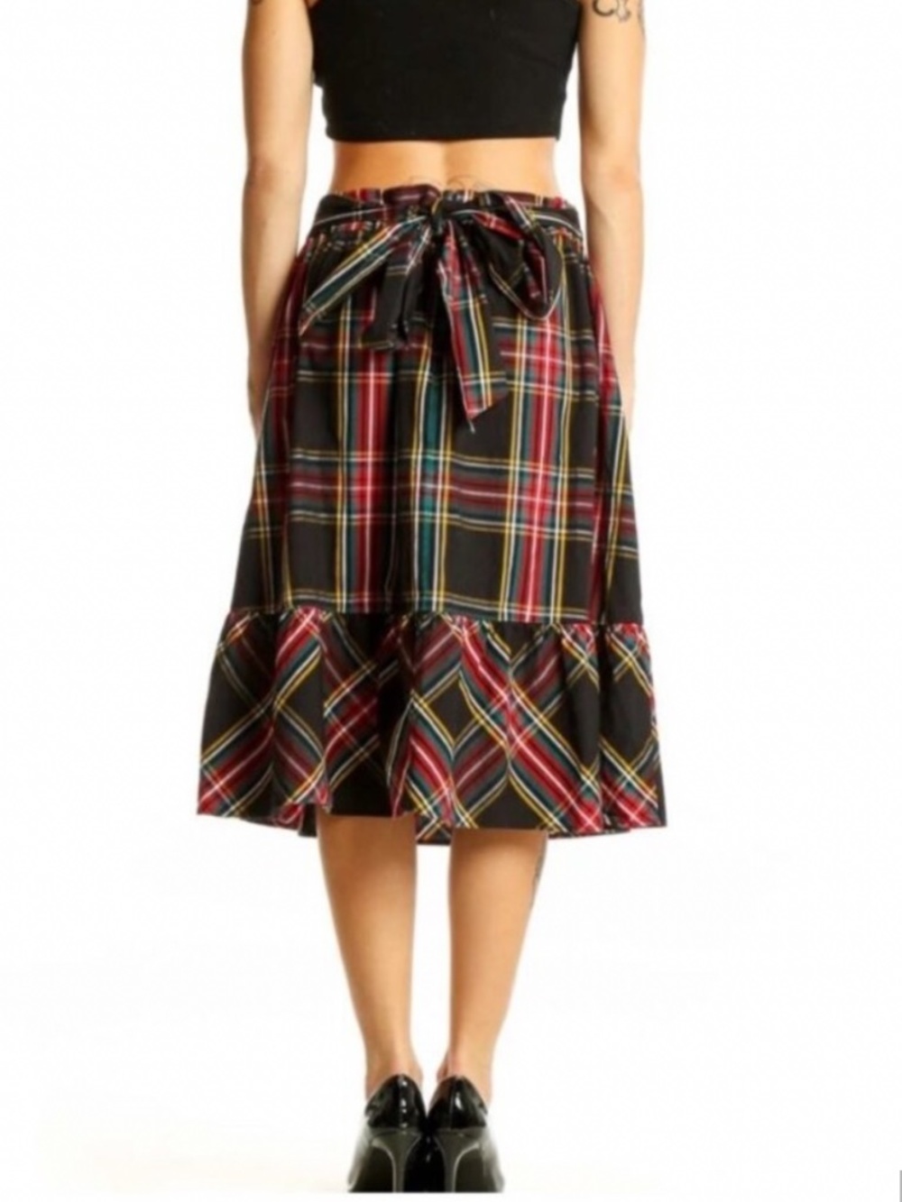 J Crew Red Tartan Plaid Skirt Attached Belt Midi Length Flounce Hem Cotton Sz 4 - Picture 8 of 16